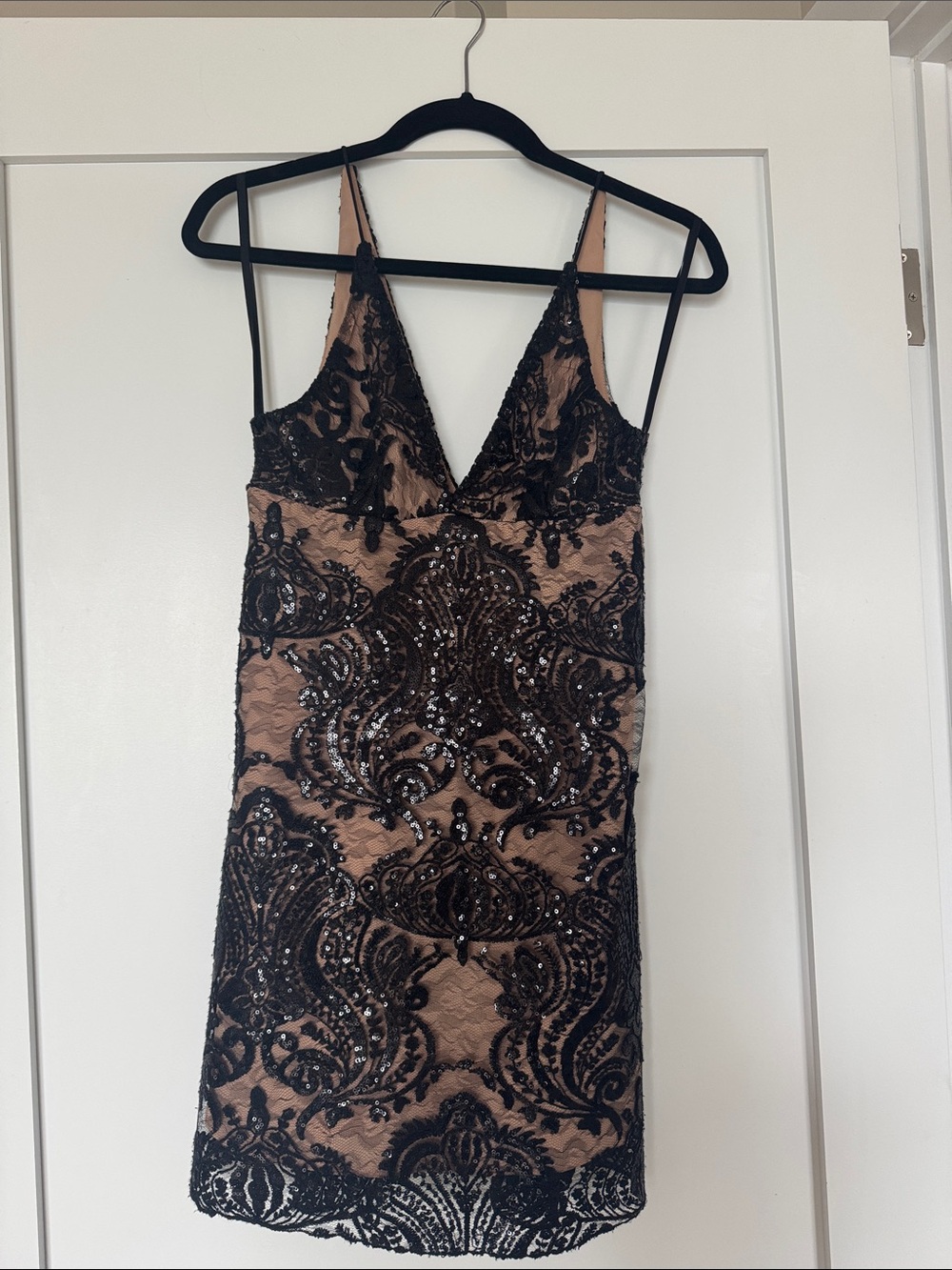 Free People Black Lace Sequin Mini Dress with Nude Lining